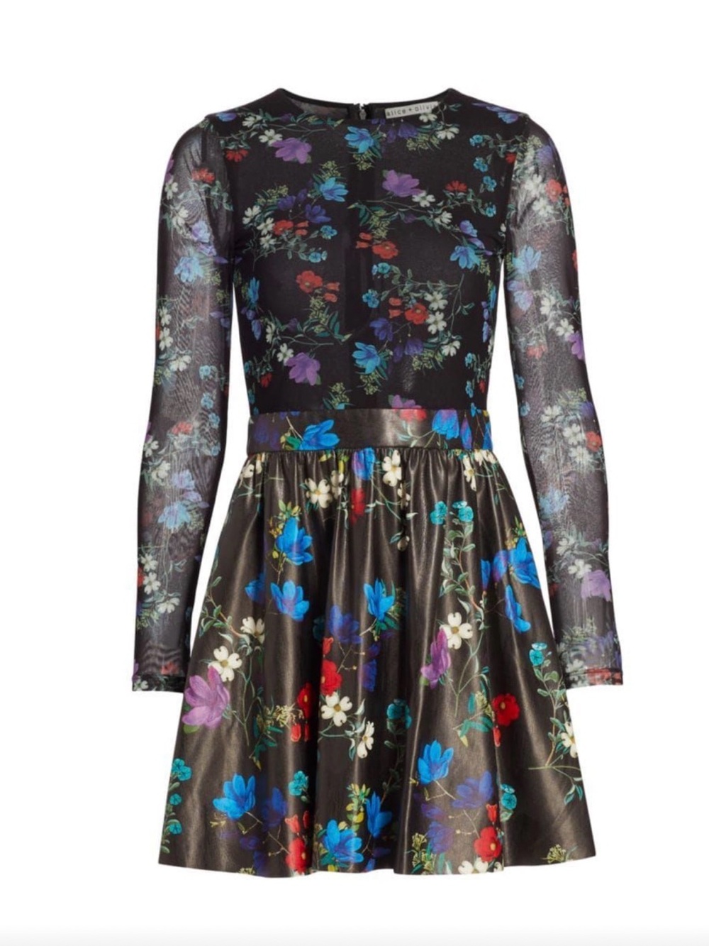 Alice + Olivia Black Floral Long-Sleeve Fit & Flare Dress
